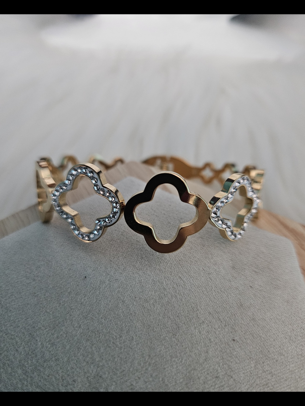 Gold Clover Link Bracelet with Crystal Accents Stainless